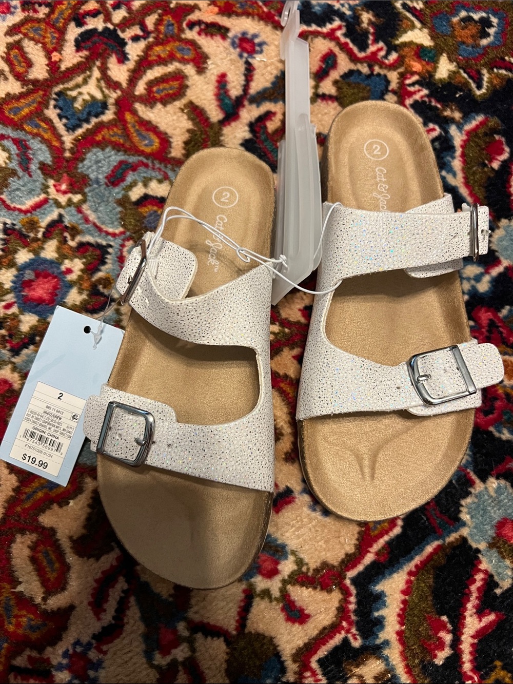 Womens White Sparkle Double-Buckle Slide Sandals